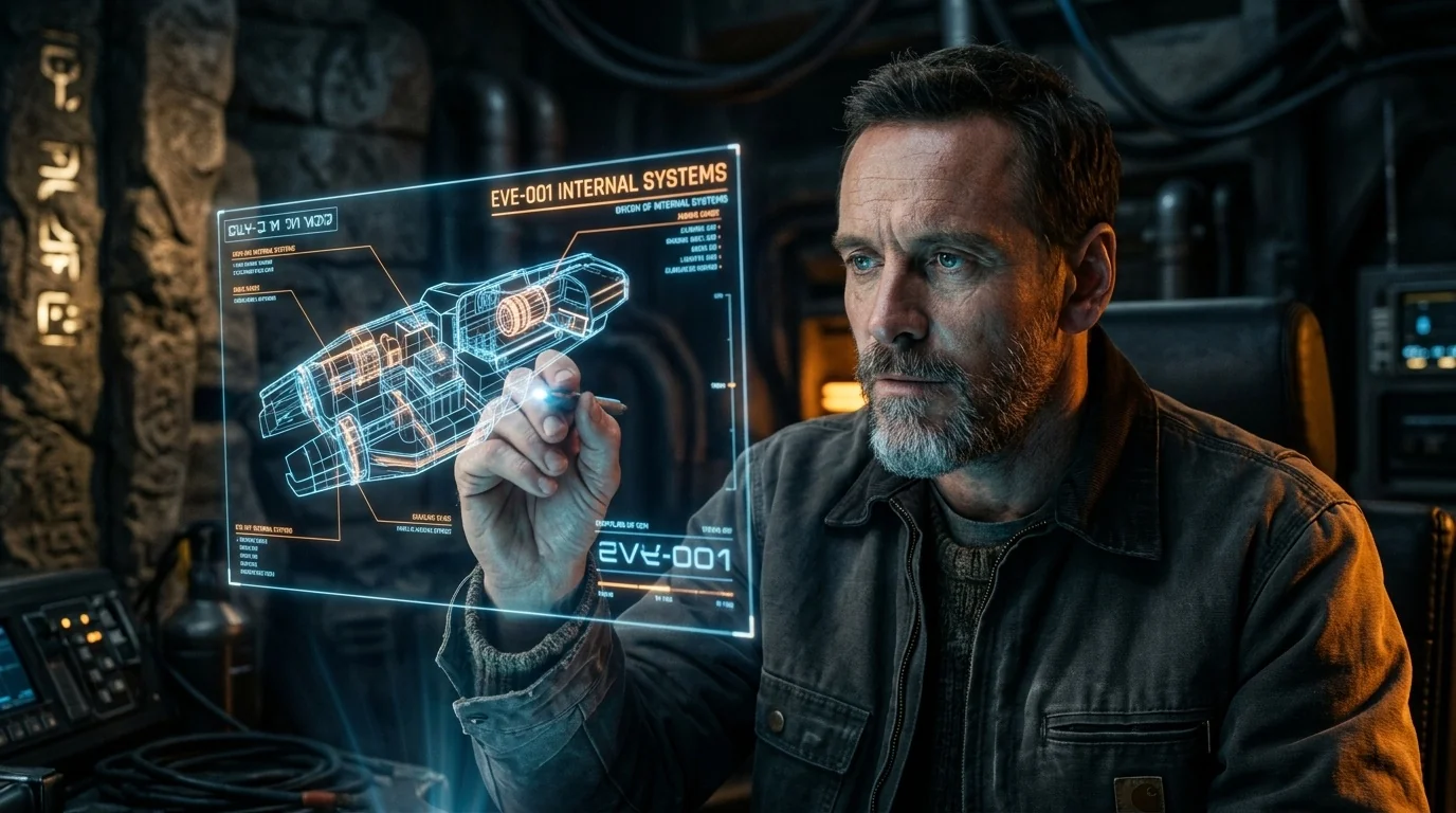 David the Nomad studying a holographic EVE-001 systems display aboard the ship