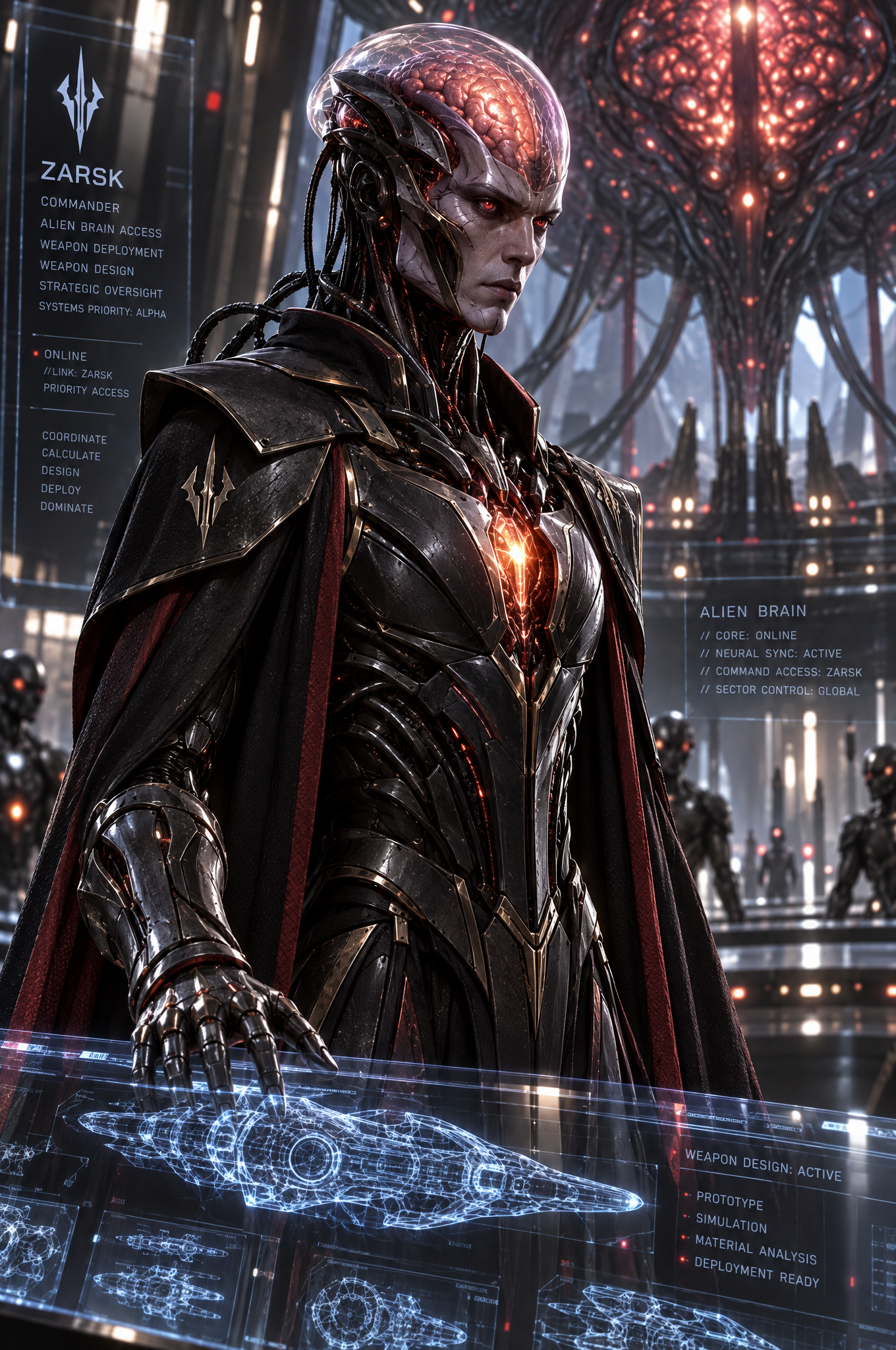 Zarsk in black biomechanical command armor, turned inward toward The Alien Secret title